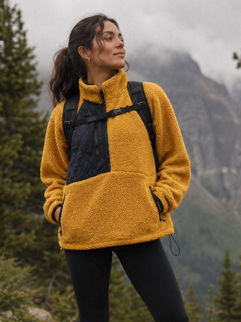 JoyLab Mustard Sherpa Quarter Zip Pullover Teddy Fleece Quilted Pocket Medium?